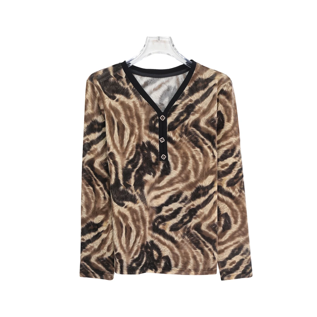 洋气百搭V领长袖宽松显瘦碎花打底T恤S4476