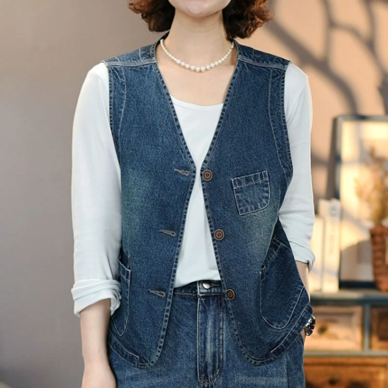 知秋8795#马甲#2025春文艺复古牛仔马夹坎肩百搭背心贴布撞色牛仔