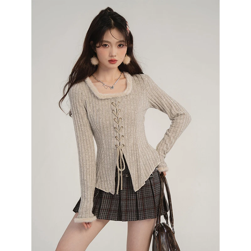 【主播福利】春装加绒大码遮肚子显瘦毛绒领针织长袖上衣女8172