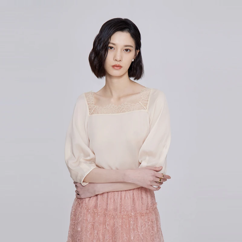 OBEG欧碧倩蕾丝拼接方领衬衫夏季通勤雪纺上衣10422117