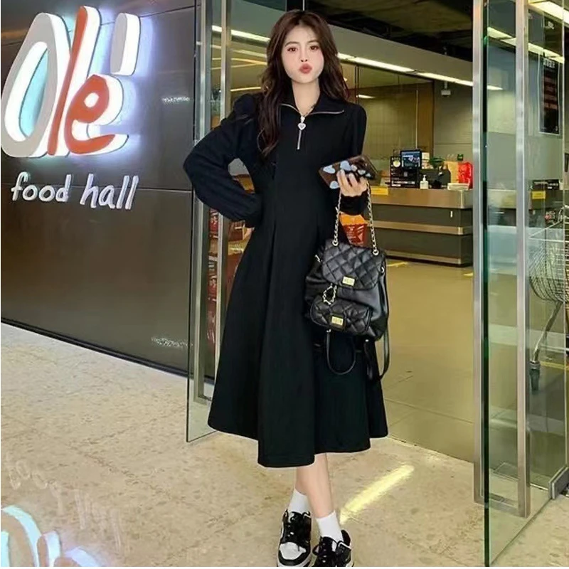 女装大码胖妹妹秋冬装气质收腰显瘦内搭长袖加绒华夫格打底连衣裙