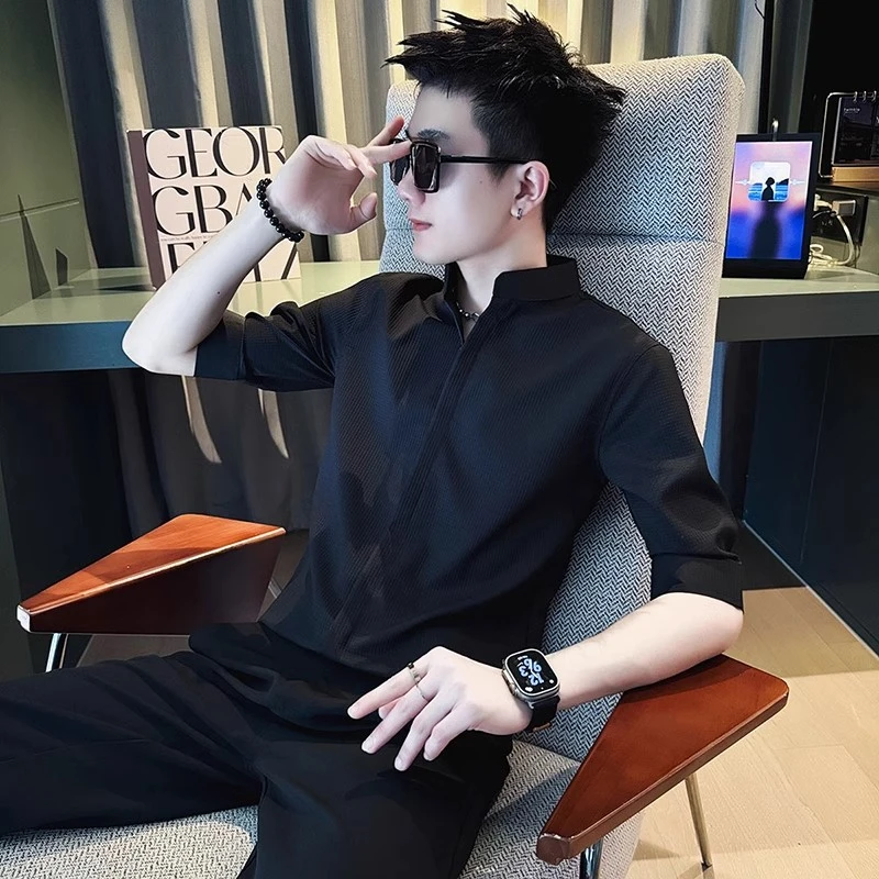 衬衫男短袖夏季痞帅立领衬衣男装2025新款夏装男士黑色中袖潮上衣