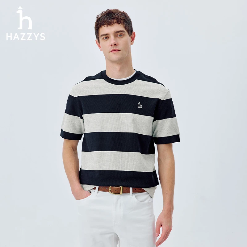 【商场同款】Hazzys哈吉斯夏季男士条纹短袖T恤户外休闲