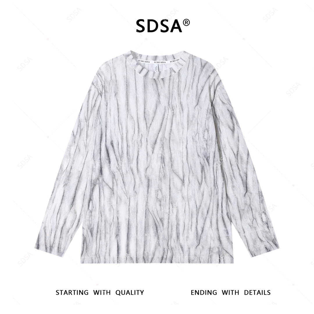 SDSA夏季新款男士痞帅扎染竖条纹圆领长袖T恤时尚简约舒适上衣