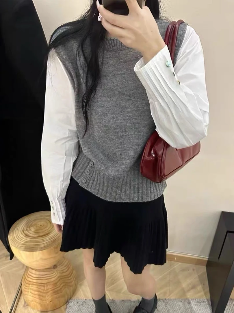 欧洲站慵懒风假两件羊毛针织衫女2025春季拼接时尚百搭套头毛衣女