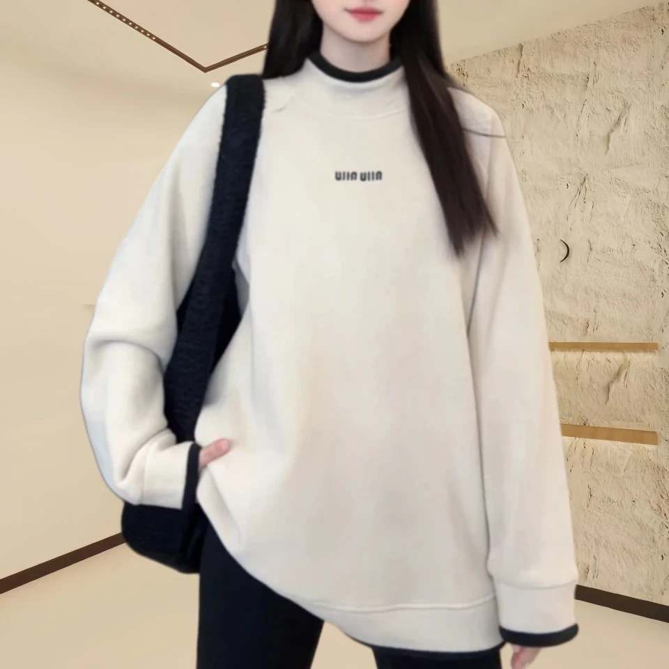 双面绒秋冬加绒加厚保暖女卫衣新年战衣长袖时尚宽松百搭撞色上衣