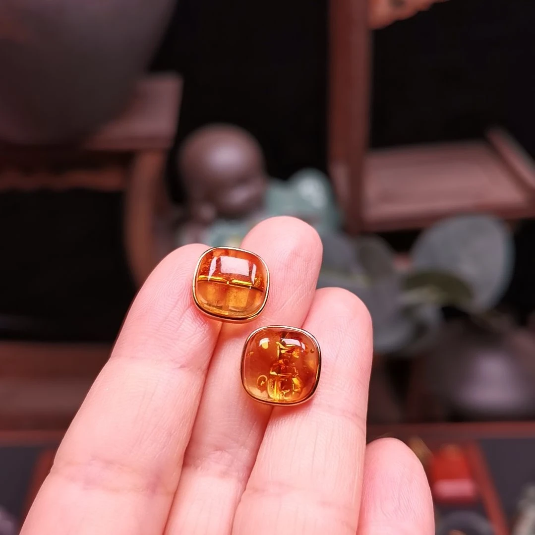 嘟***军琥珀银S925镶嵌耳饰花珀耳钉