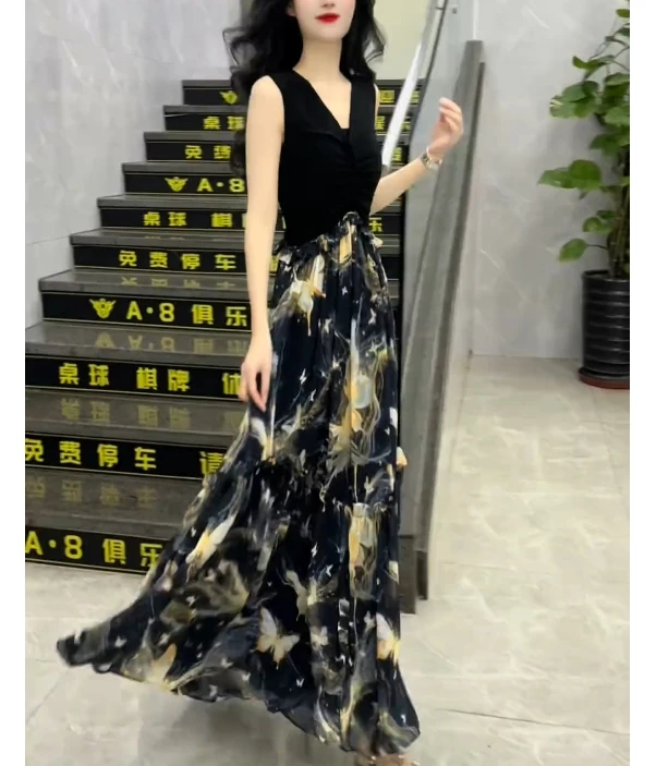 时尚气质显瘦高腰拼接印花无袖大摆长裙连衣裙XFY60601