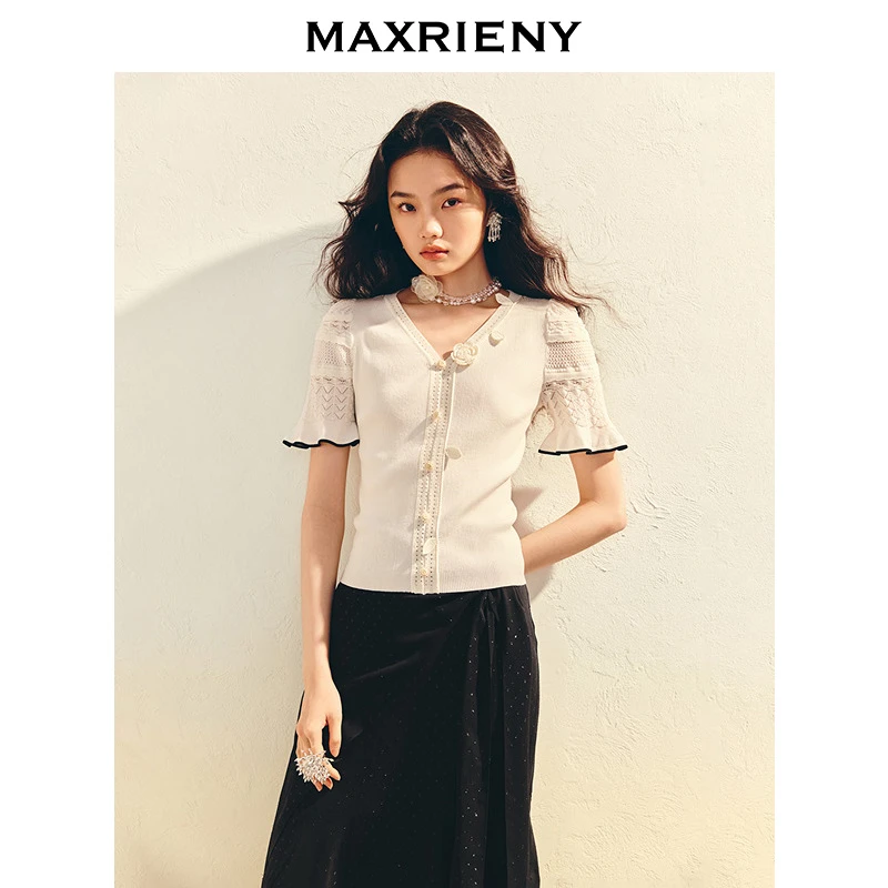 MAXRIENY春日氛围感v领套头毛针织衫修身显瘦立体花欧若轻机能