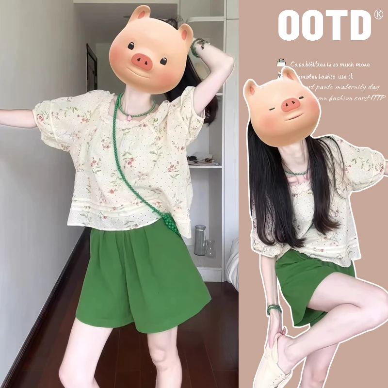 小个子孕妇夏季小清晰套装气质蕾丝花边碎花短袖上衣休闲托腹短裤