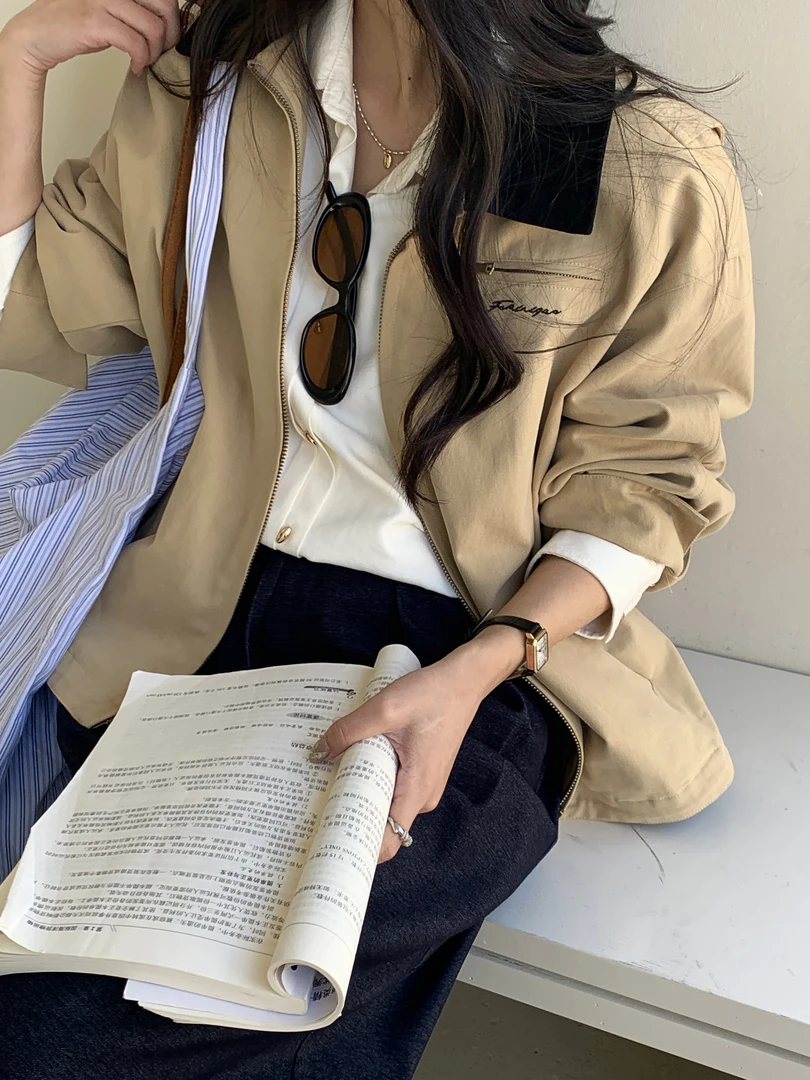 【改版】小众设计复古撞色翻领夹克外套女2025春休闲风衣H1BC510013