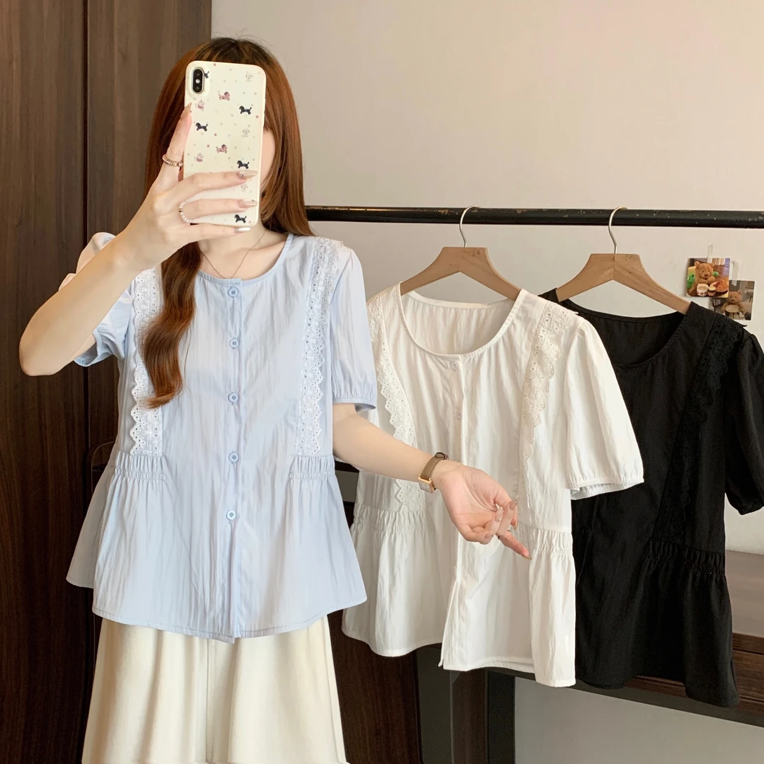 法式蕾丝花边收腰显瘦遮肚子衬衫女夏季短袖宽松娃娃衫衬衣5571#