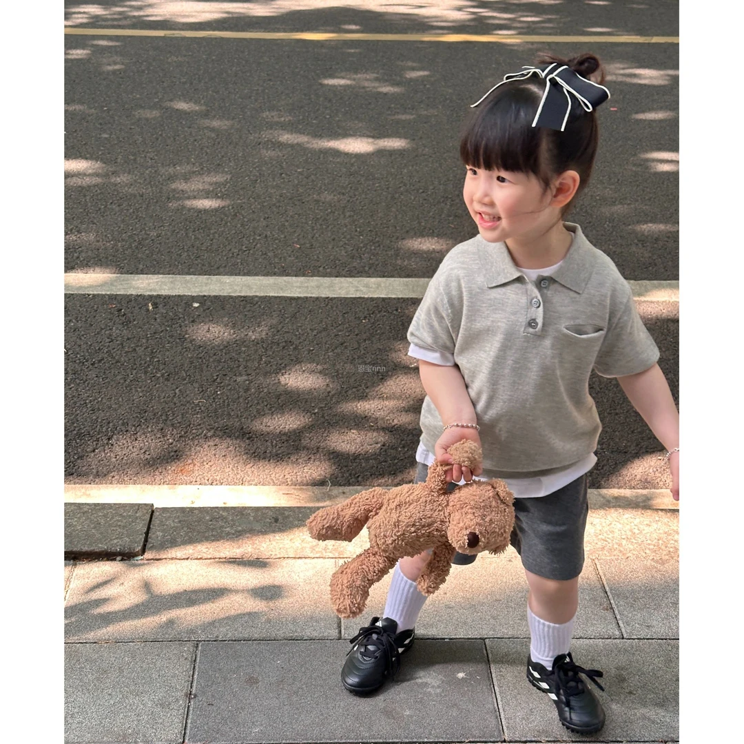 小惜亦2025女童夏装套装灰色POLO领短袖灰色短裤女孩洋气韩范衣服
