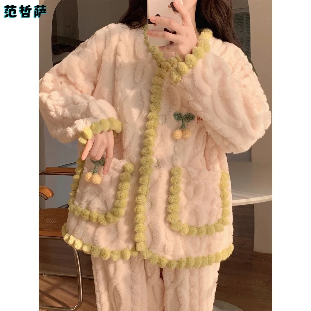 珊瑚绒睡衣女冬季加厚加绒2025年新款长袖毛绒法兰绒家居服套装