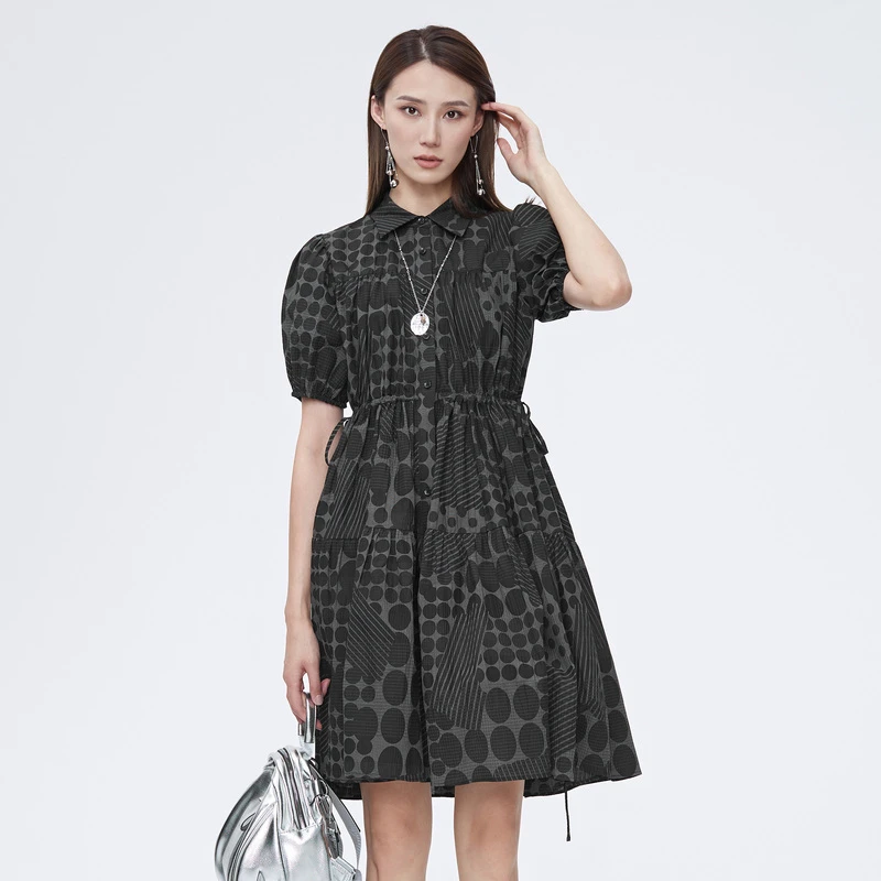 圣迪奥女装时尚休闲甜美波点印花收腰衬衫连衣裙S22281217