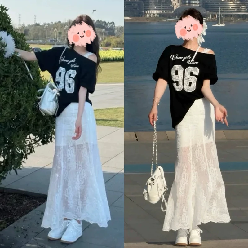 2025夏季设计感气质字母蕾丝露肩短袖t恤气质百搭白色半身裙套装
