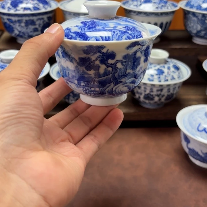 景德镇纯手工手绘山水盖碗