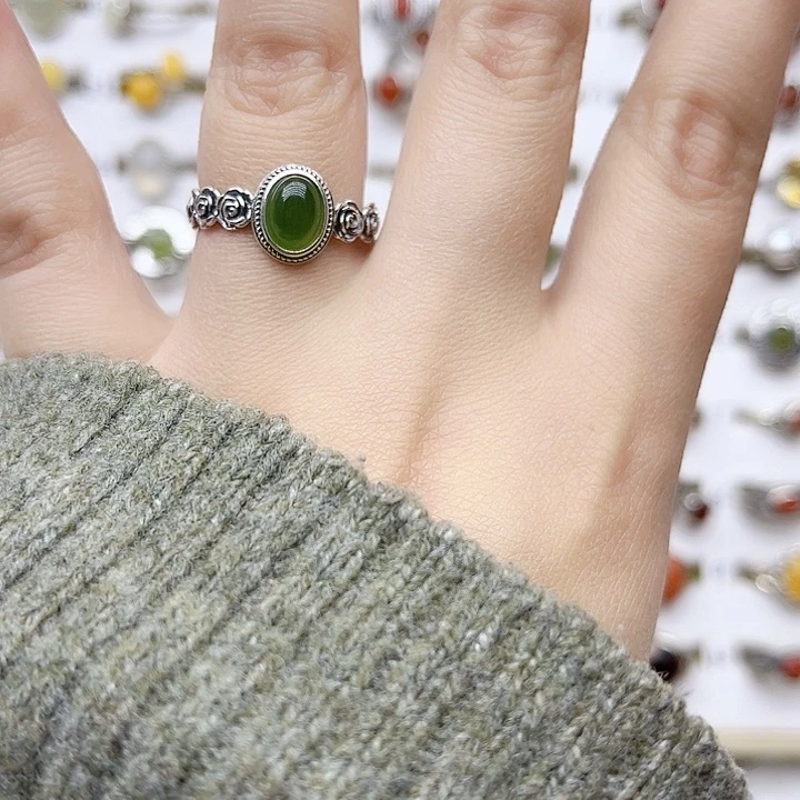 和田玉戒指银S925镶嵌天然