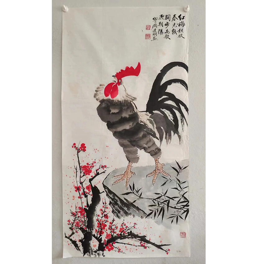 1495纯手绘《红梅竞放》中堂  尺寸：137×68