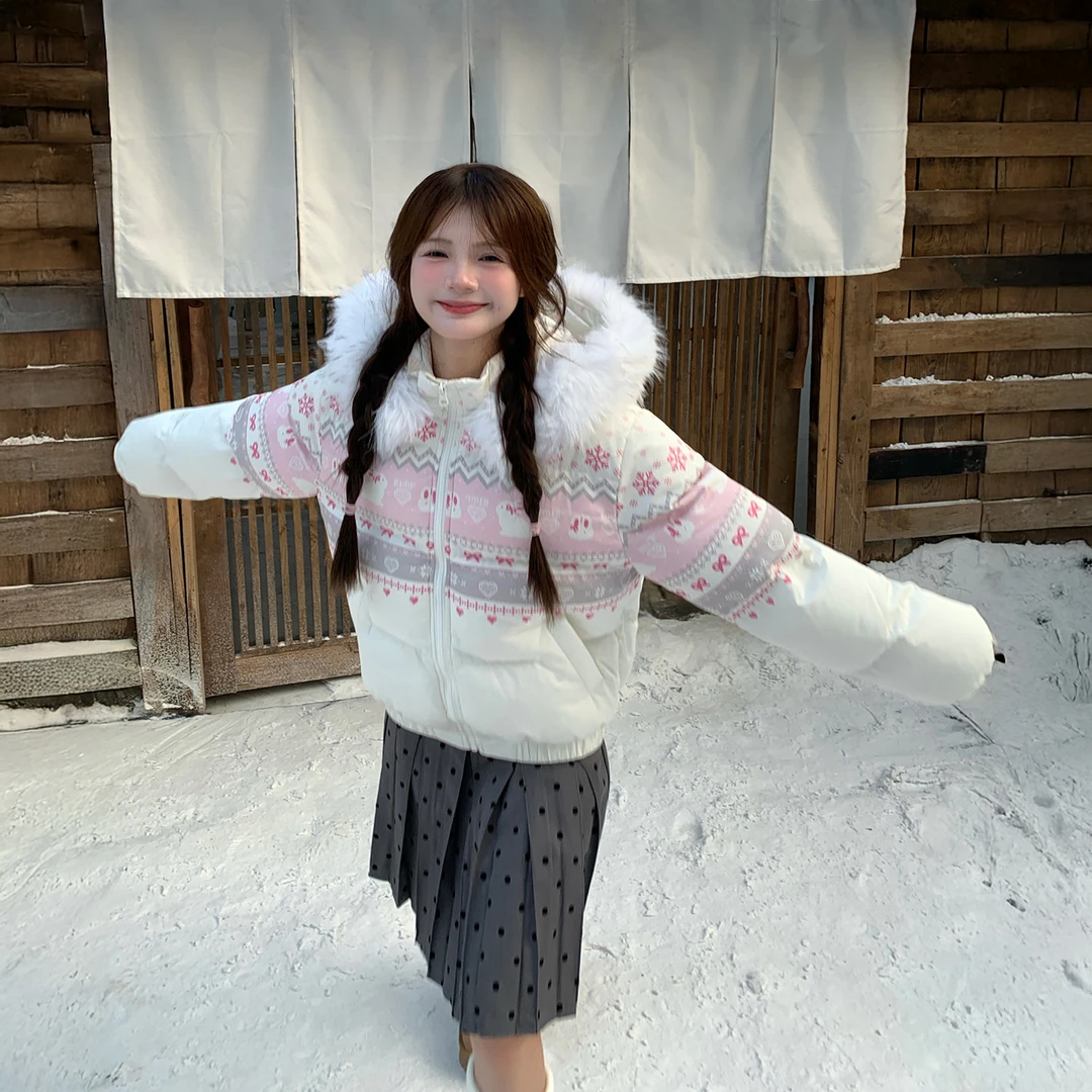 美式复古雪花兔子印花毛领连帽棉服外套女秋冬新款保暖面包服上衣