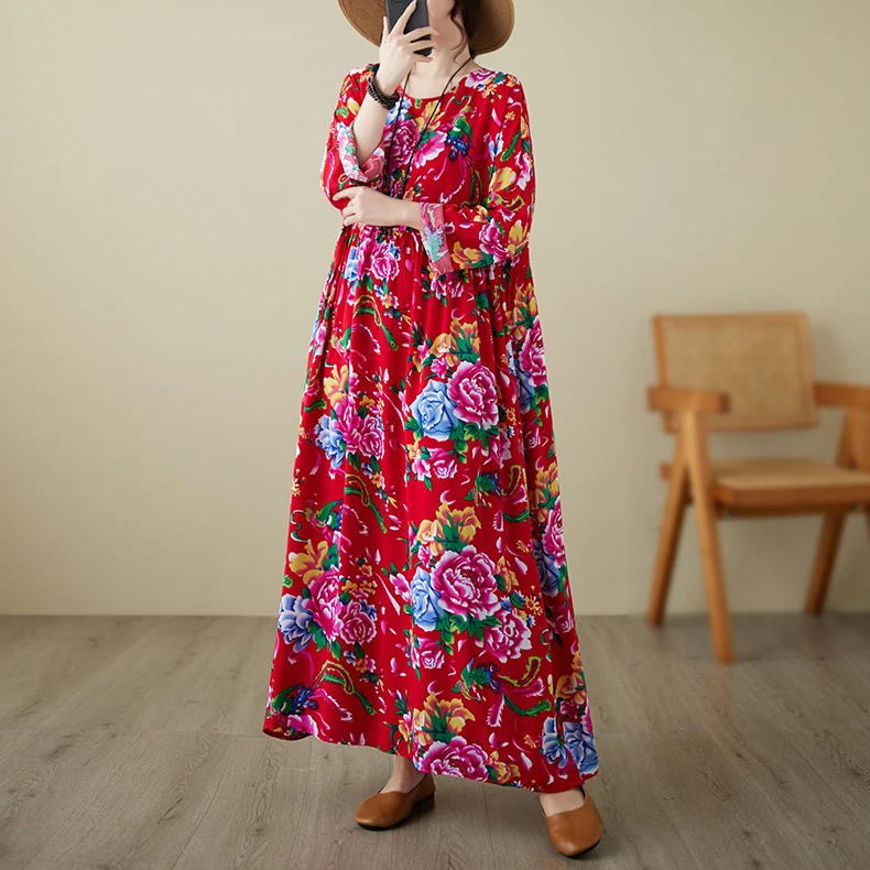 外贸意大利撤柜大码宽松碎花长袖秋季款度假风长裙气质显瘦连衣裙