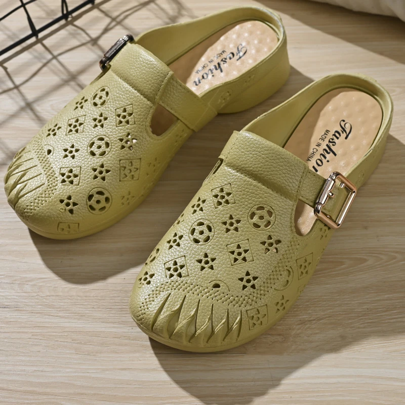 休闲包头纯色日常平跟方跟包头拖镂空夏季半拖网面凉拖百搭妈妈鞋