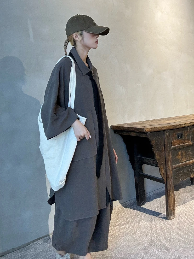 韩国新款纯色织高端麻衬衫风衣褐色