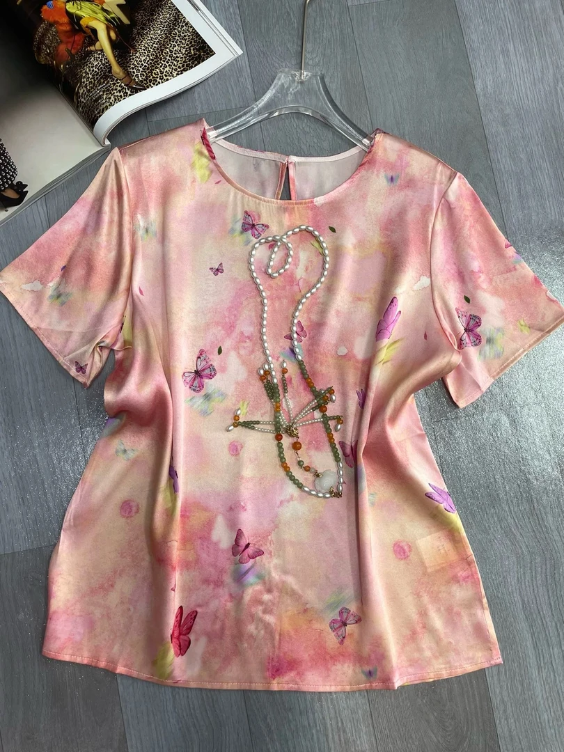 2025夏季国风桑蚕丝蝴蝶夏季宽松上衣洋气圆领衬衫时尚一个粒百搭