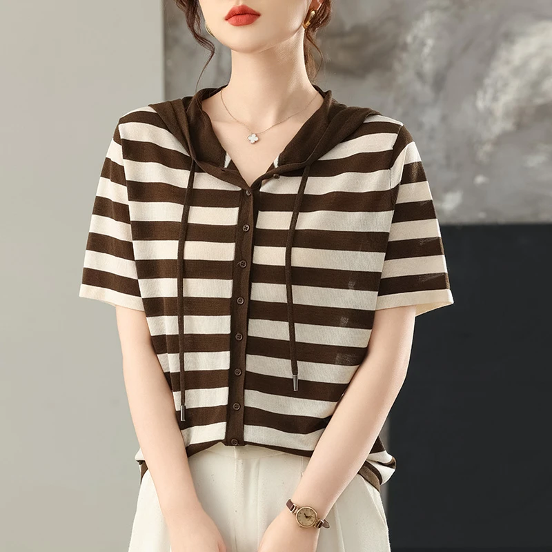 天丝针织衫女品牌莱赛尔连帽卫衣短袖女t恤夏季条纹针织开衫休闲