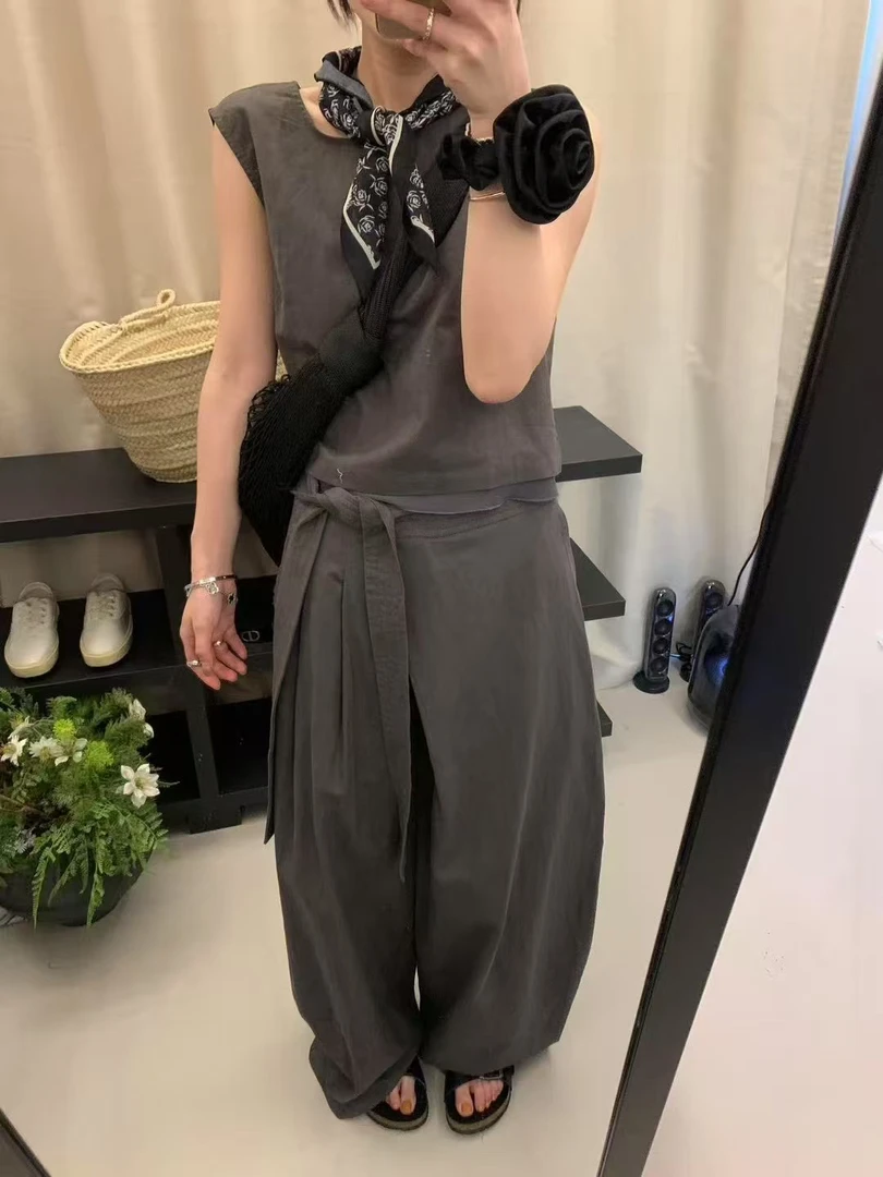 韩系简约灰色背心套装女夏季文艺复古松弛感无袖上衣阔腿裤两件套
