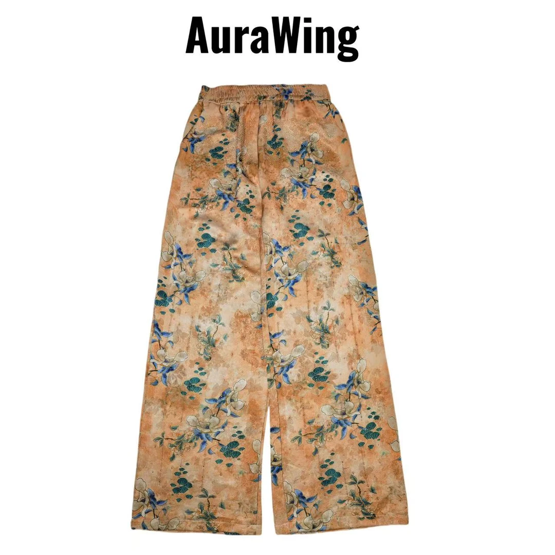 Aura Wing 2025夏季新中式茶花轻奢休闲裤