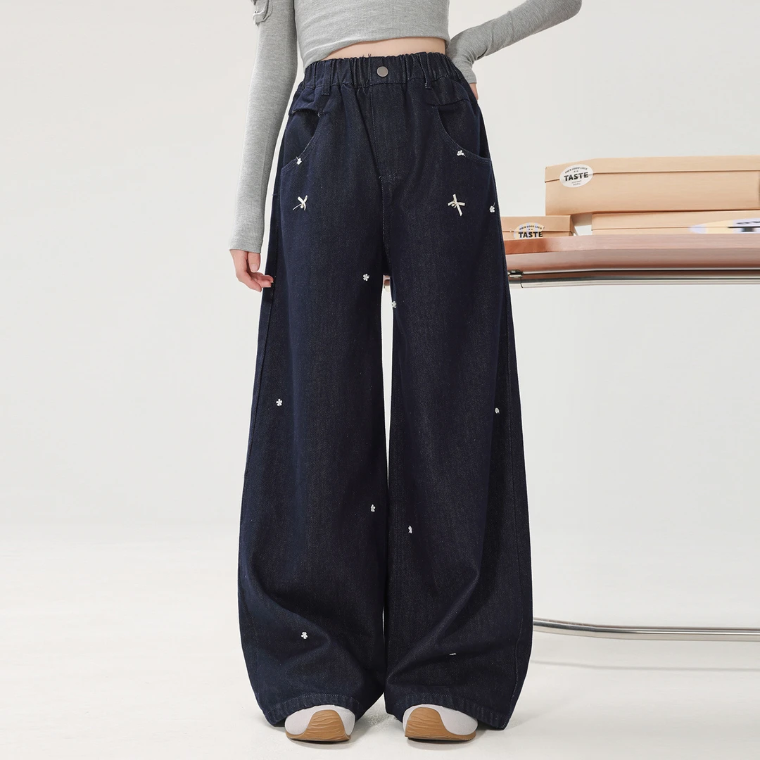 女童秋装牛仔裤2025新款女大童阔腿裤春秋青少年初中生直筒裤子
