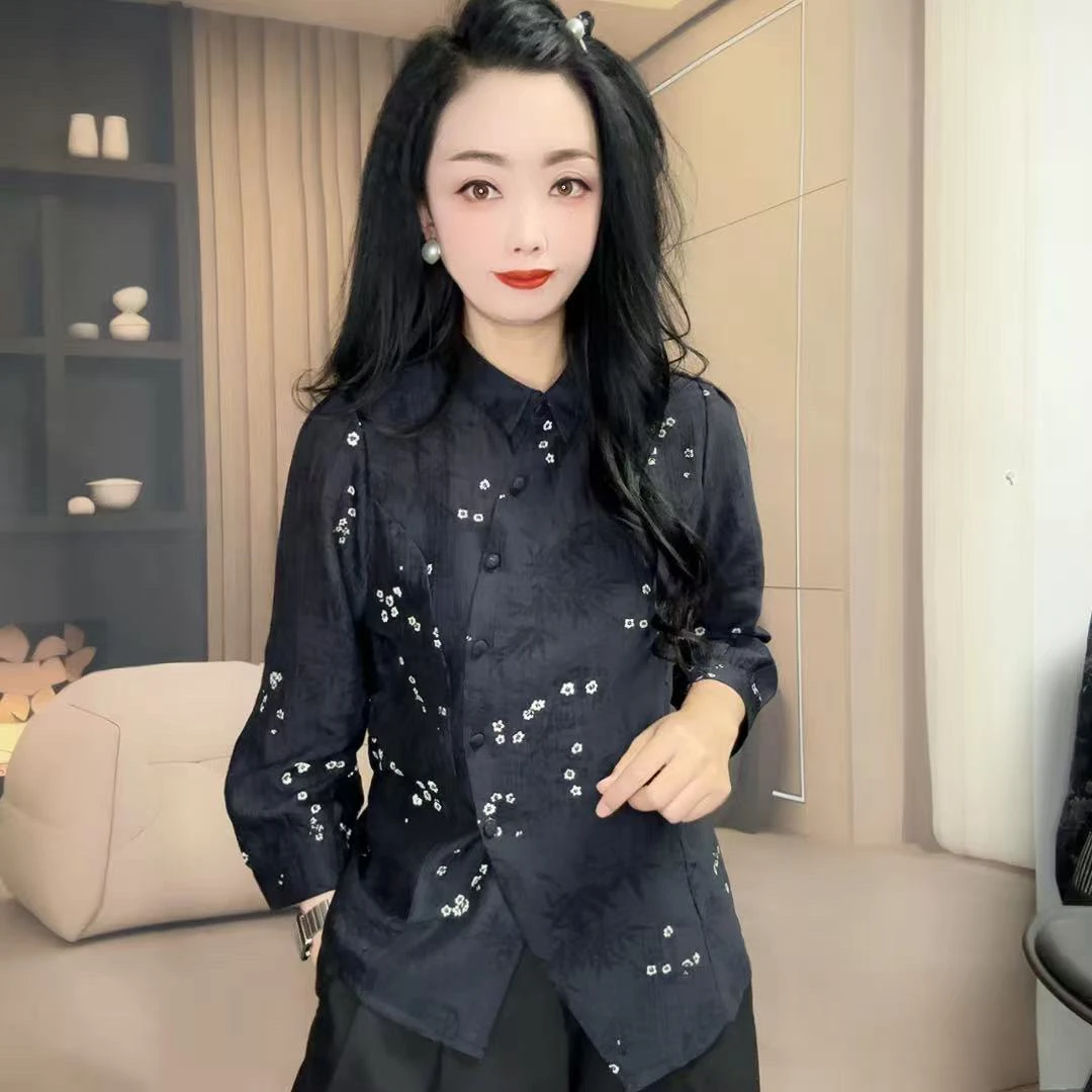 k5266秋季新款九分袖时尚舒适透气不规则气质感碎花桃心翻领衬衫