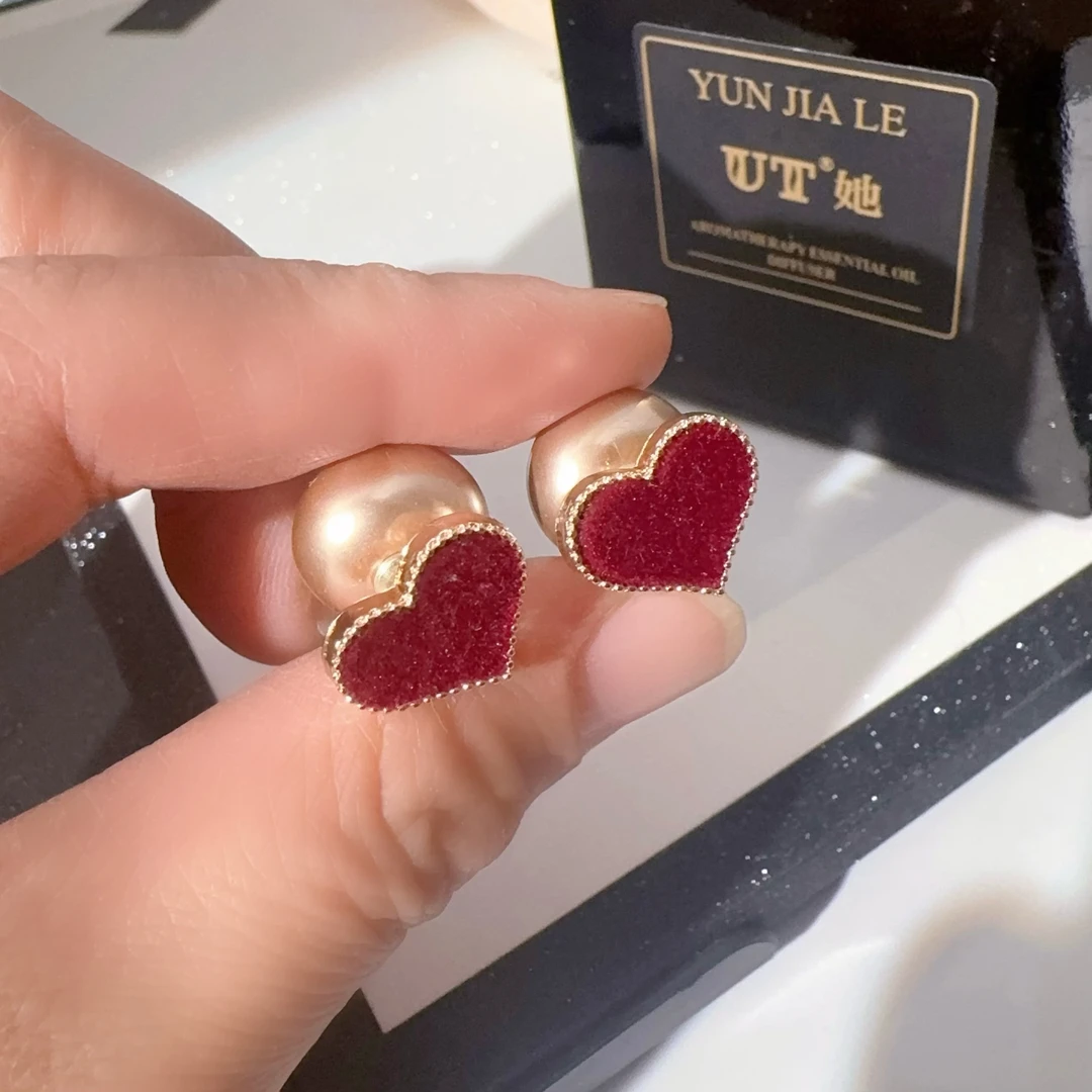 合金耳饰 植绒红色爱心珠珠一款两戴耳钉少女简约耳环耳钉复古