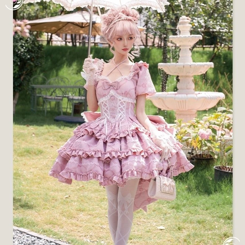 洛丽塔大全套OP公主蝴蝶结拖尾连衣裙猫猫中袖连衣裙lolita