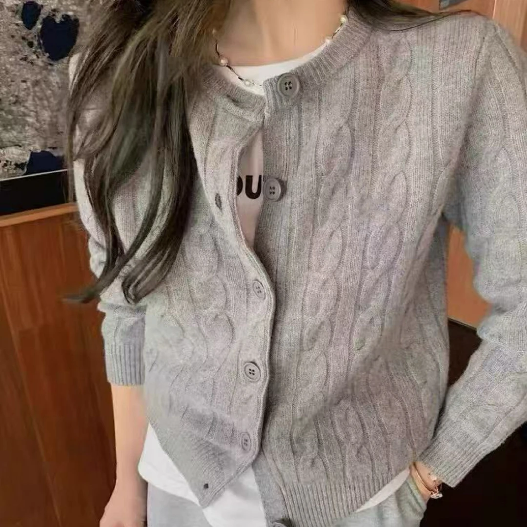 气质女衫百搭麻花纹毛边排扣女士针织圆领4225