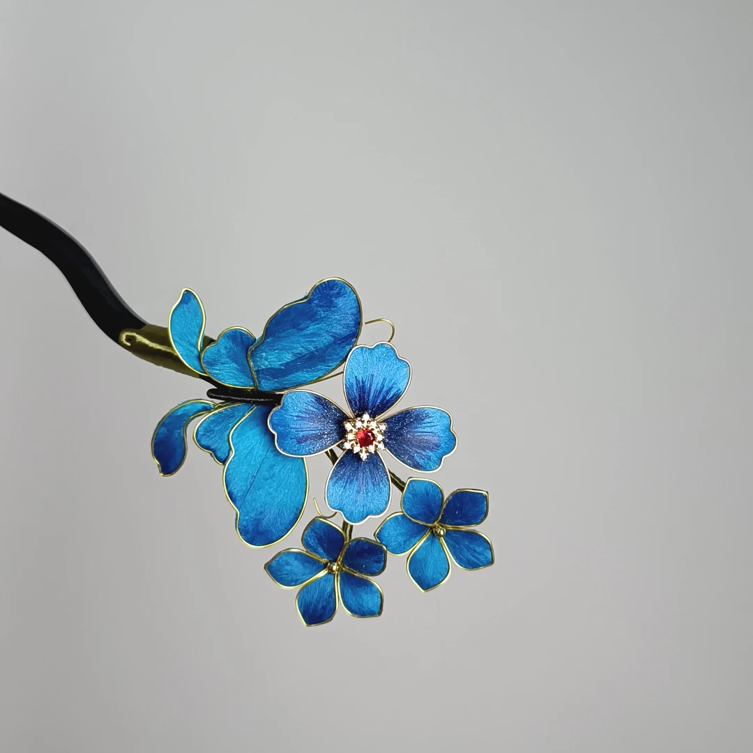 非遗绒花蓝色系掐丝千里江山发簪桑蚕丝纯手工搭配汉服旗袍新中式