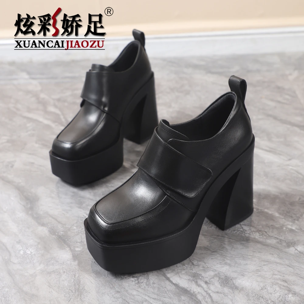 方头高跟女鞋春秋新款真牛皮小个子防水台粗跟真皮厚底单鞋小皮鞋