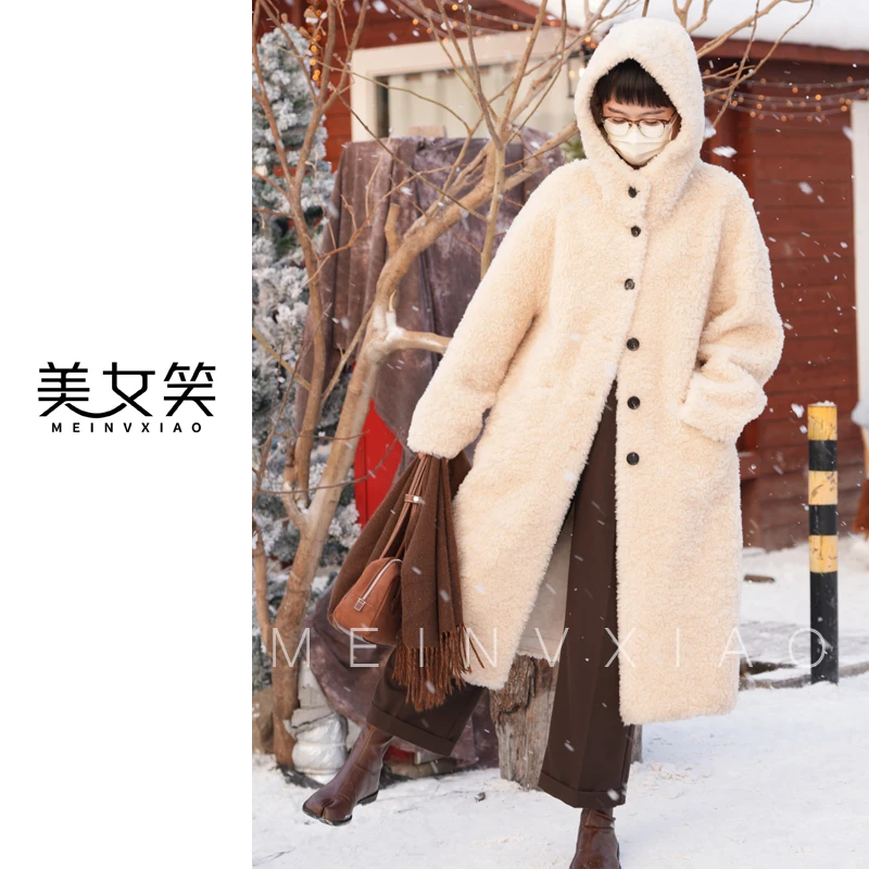 美女笑MNX【九九】100绵羊毛时尚连帽宽松加厚韩版冬款保暖网红