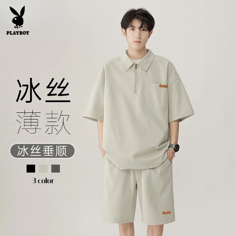 花花公子日系时尚小众两件套男短袖Polo衫T恤休闲宽松潮流五分裤