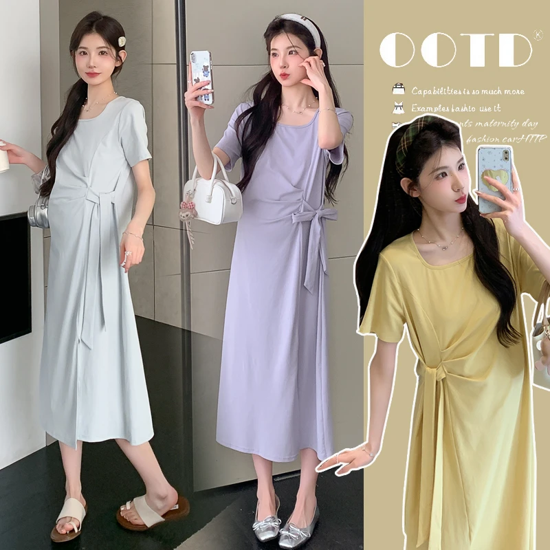 时尚孕妇2025夏季孕妇简约经典方领修身系绳亲肤弹力连衣裙大码
