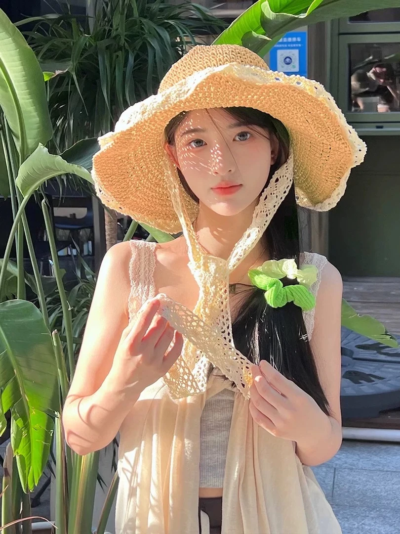 蕾丝草帽ins系带韩版镂空草编帽女夏出游沙滩海边太阳帽边遮阳帽