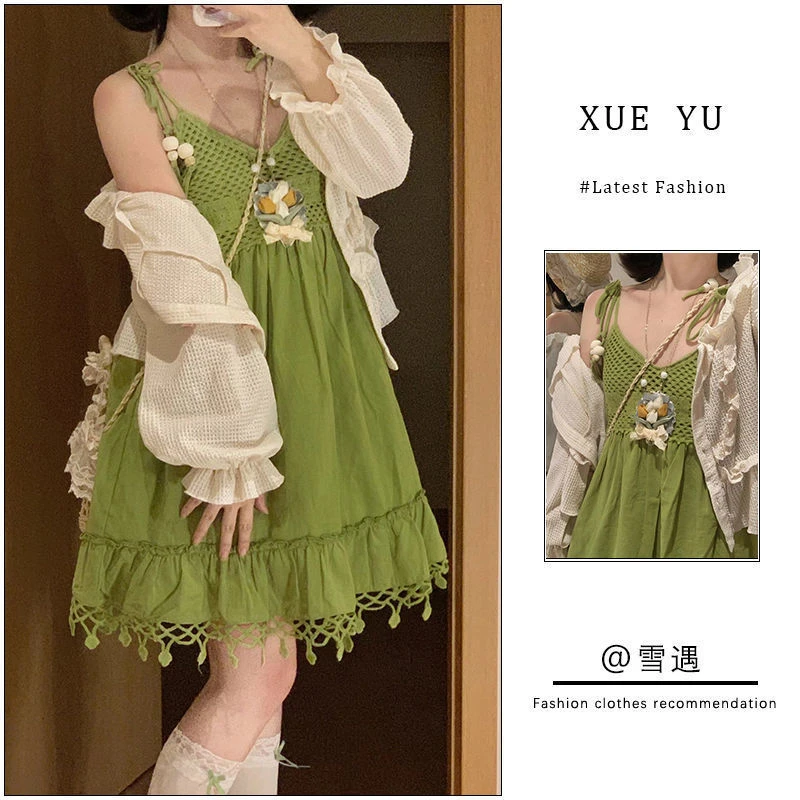 波希米亚装连衣裙连身裙波西米亚吊带衣绿色背心联衣裙裙子
