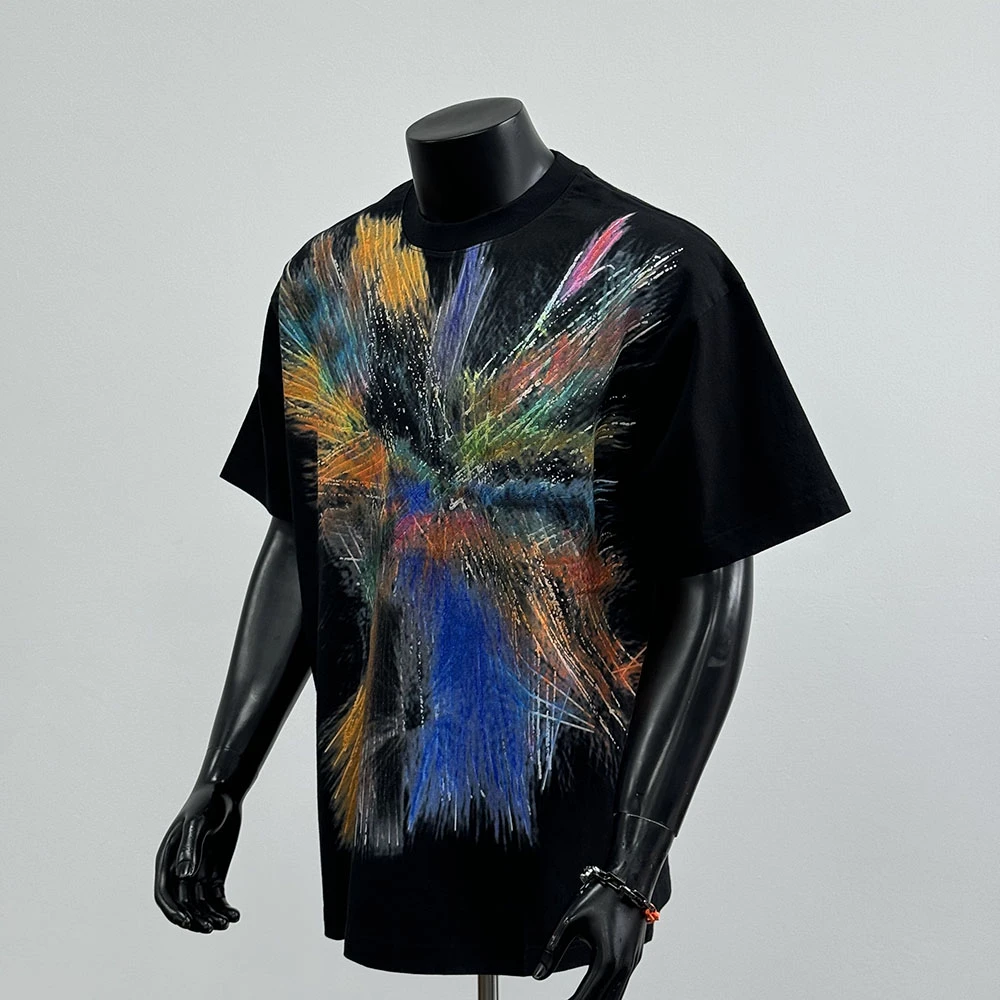 2025年夏季新款美式潮牌圆领纯棉彩色泼墨休闲短袖黑色T恤男T1634