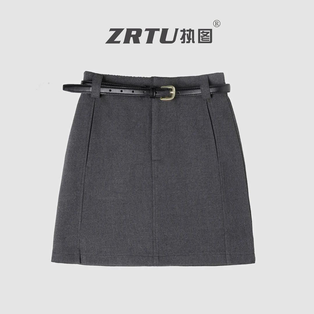 ZRTU执图高腰百搭A型腰带短裙修身显瘦半身裙