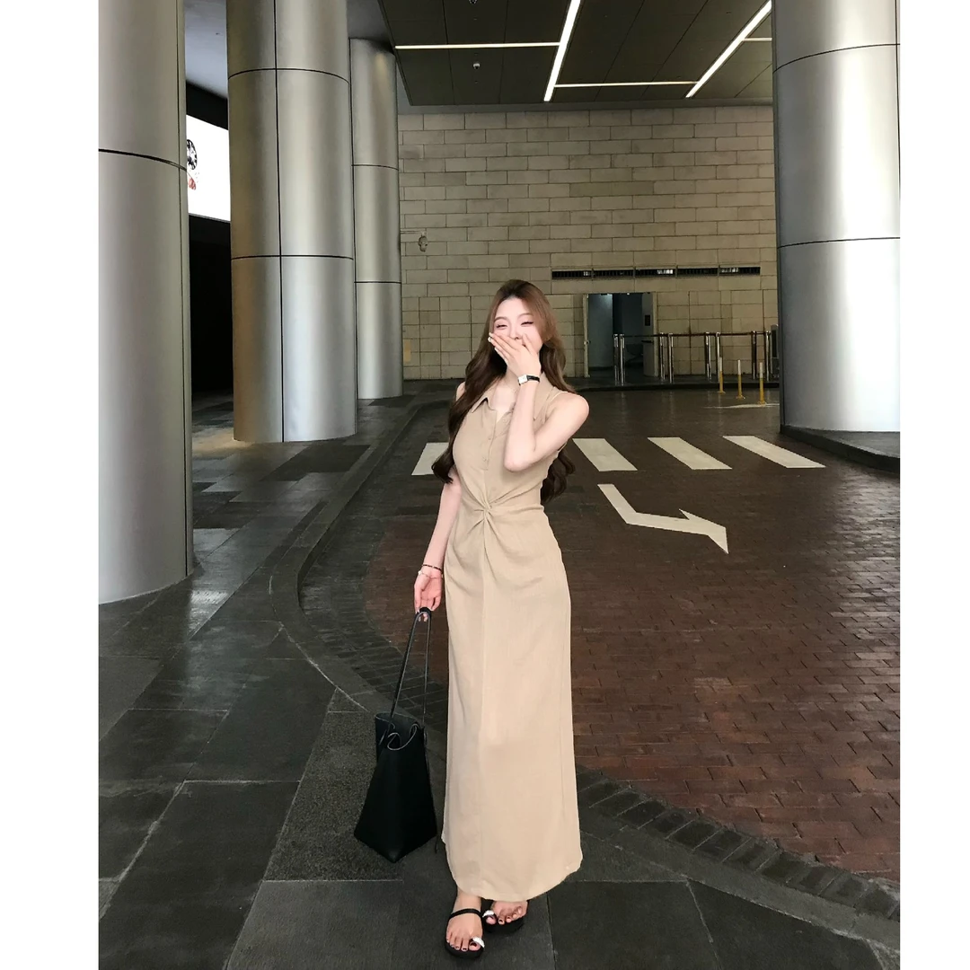 SZA【海滨花影】夏季新款高级感polo领扭结无袖气质连衣裙A-2103