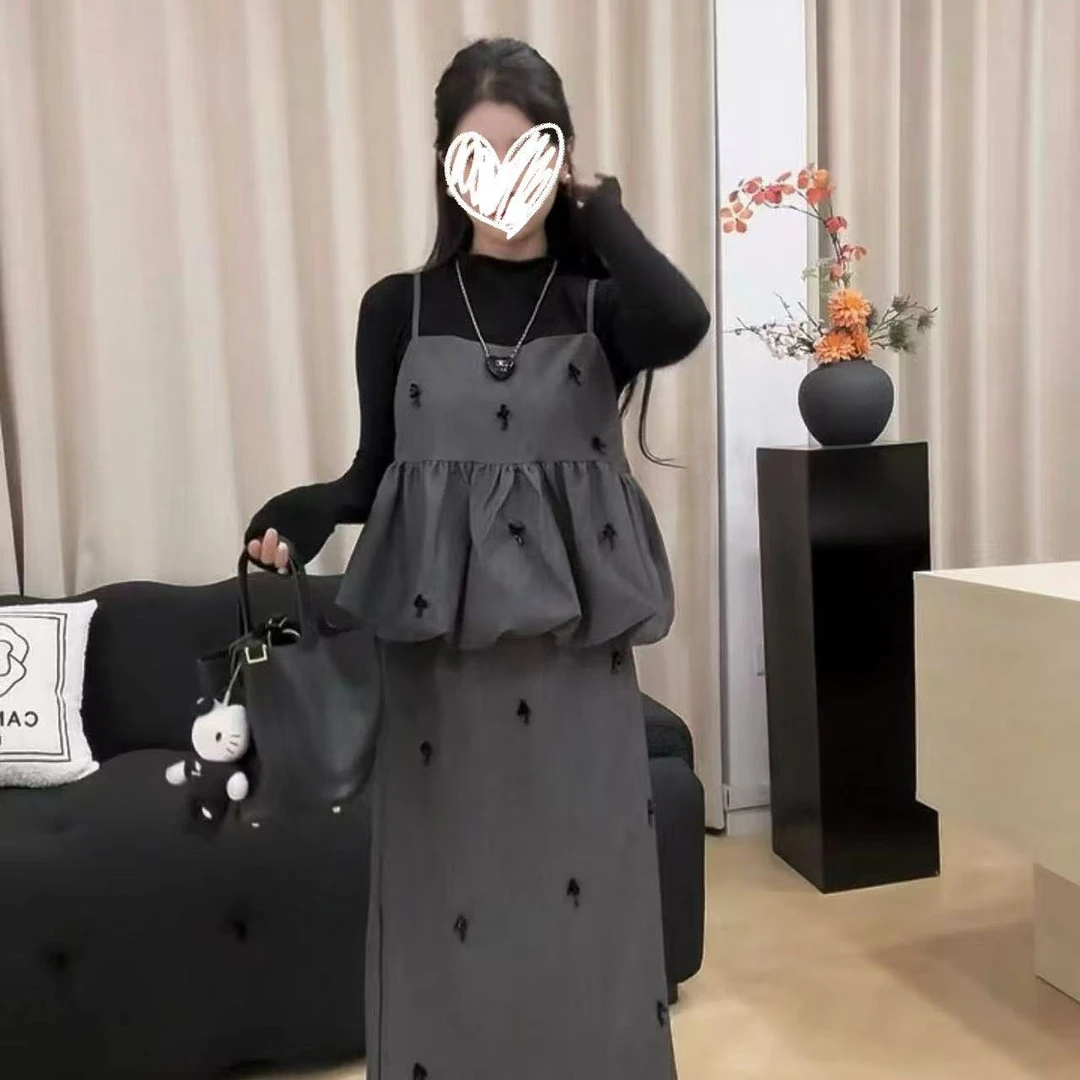 轻熟风静奢风极简风时尚套装网红黑色连衣裙秋季收腰三件套