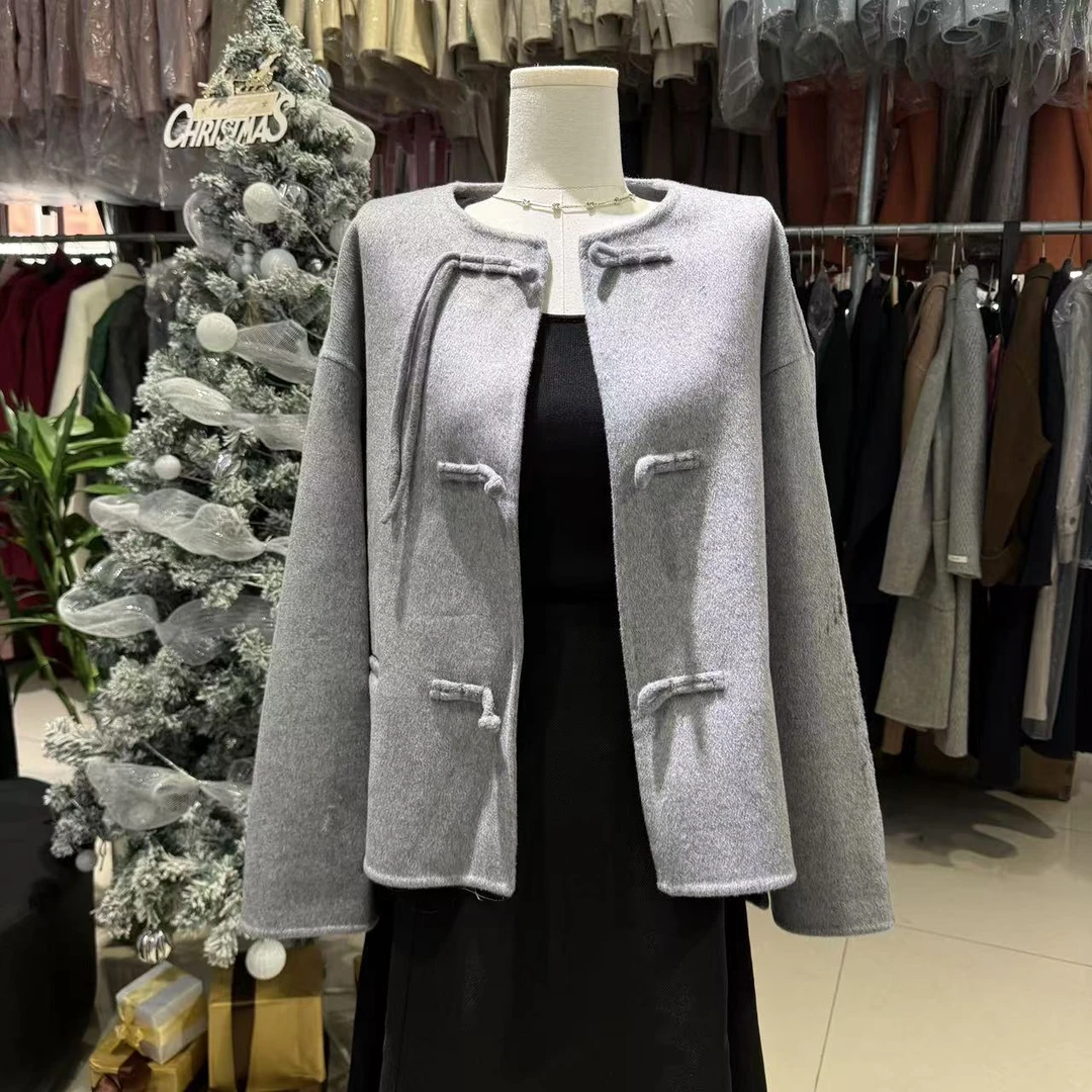 新款气质中国风盘扣羊毛大衣女秋冬短款双面毛大衣外套