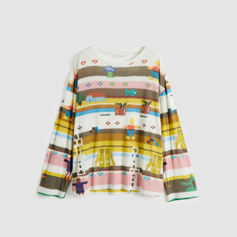 【茉舍】SHORT SENTENCE 仿毛衣印花宽松长袖T恤 25SSTS02-1600