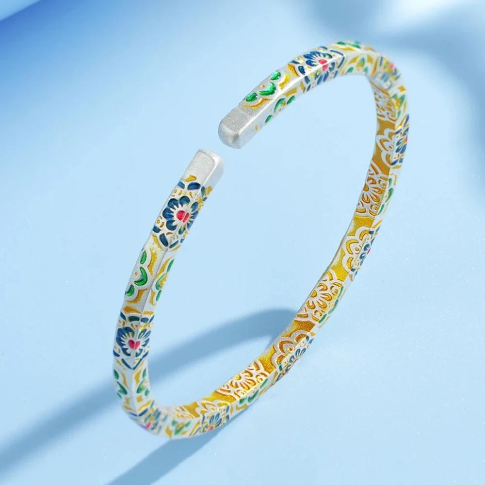 银9999珐琅宝相花银手镯女年轻款轻奢高级感新中式实心银镯子